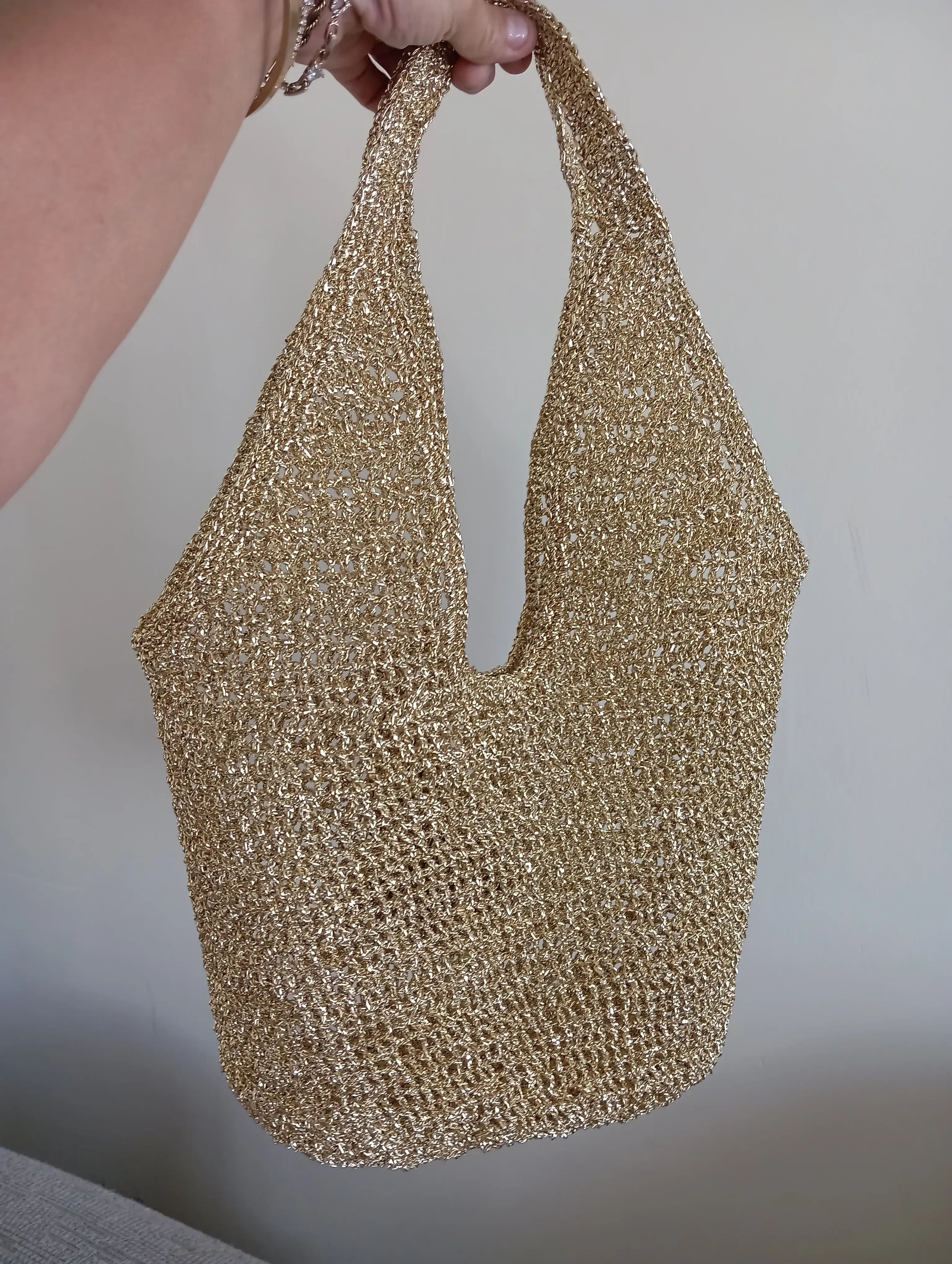 Metallic Gold Knitted Shoulder Bag from Paper Rope - Handmade