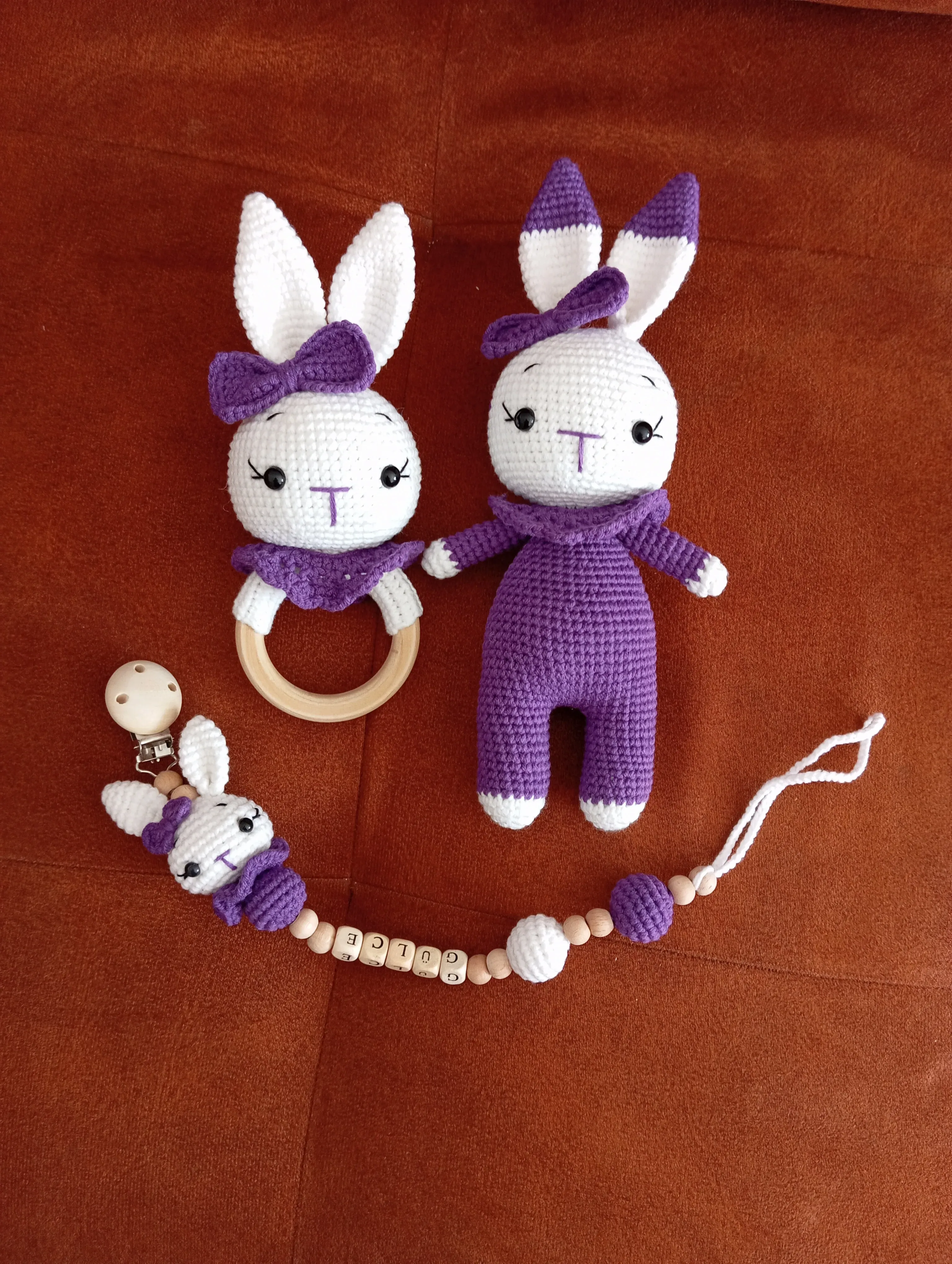 Amigurumi Örgü Oyuncak Tavşan Seti - Mor Renkli Bebek Hediyesi