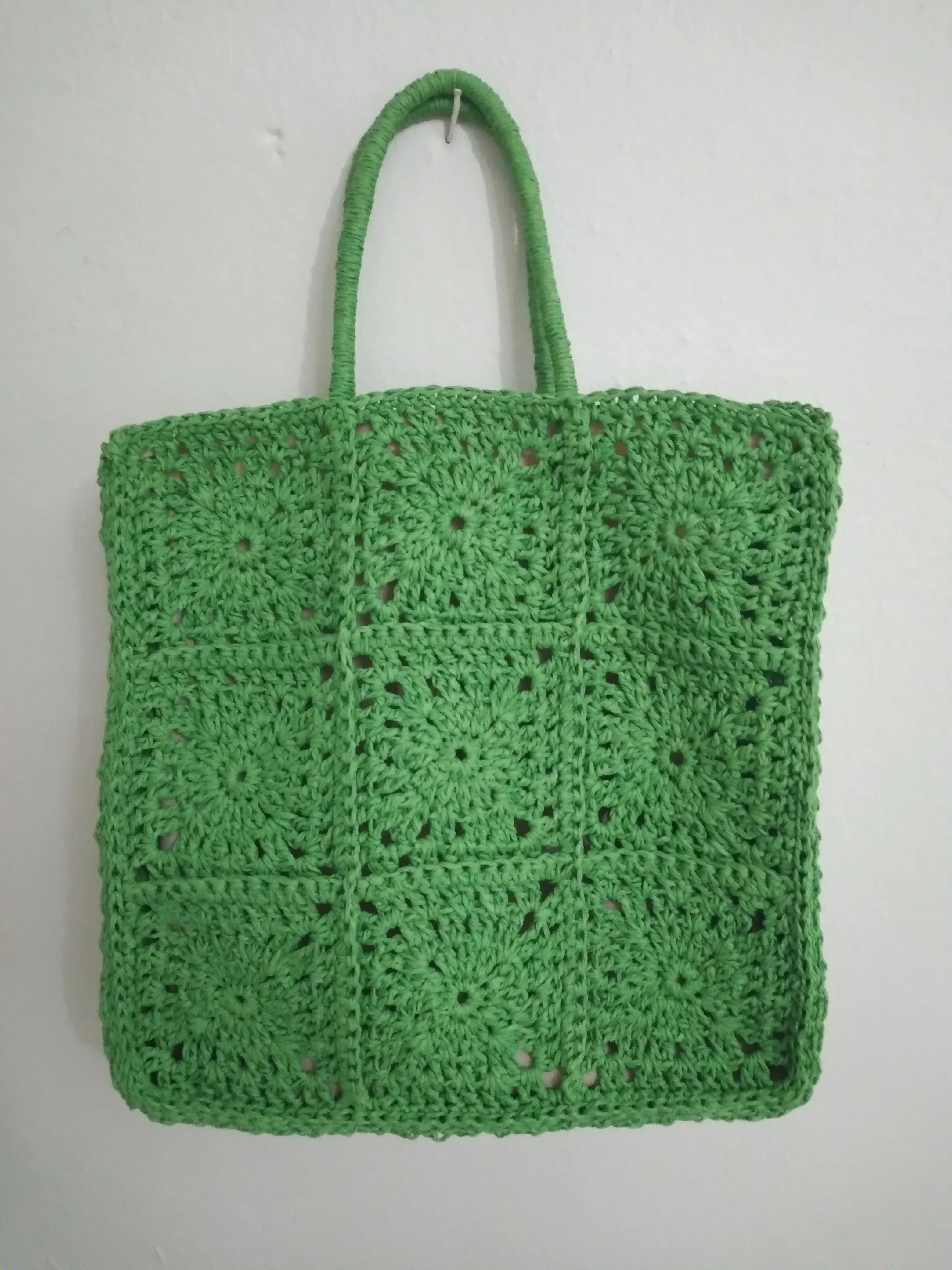 Yeşil Motifli Kağıt İp Örgü Çanta - El Emeği (28cm)
