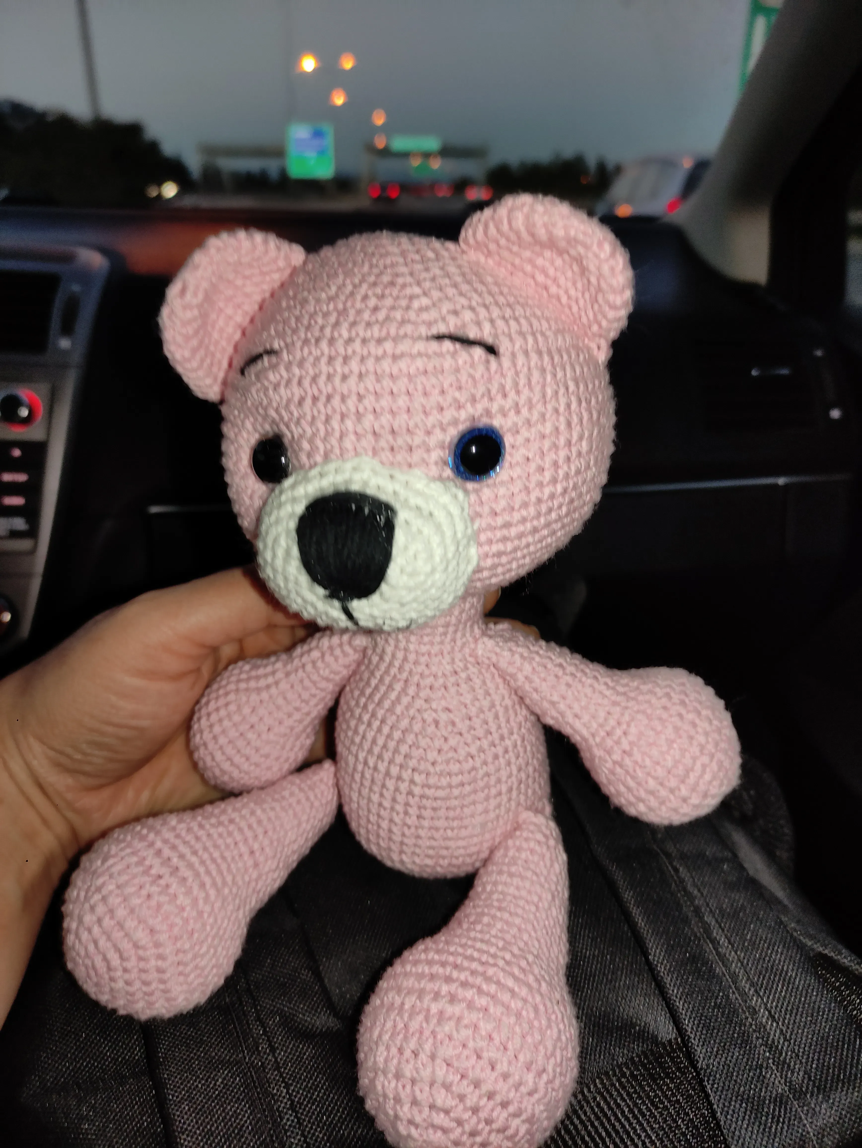 Örgü Oyuncak Ayıcık - Pembe Renkli, Güvenli Kilitli Gözlü - El Emeği