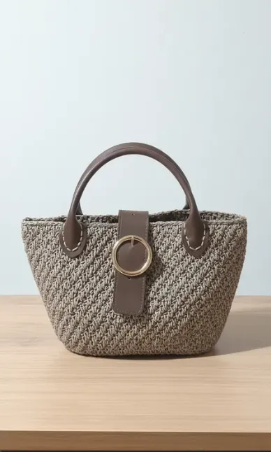 Kağıt İp Örgü Omuz Çantası - Düz Model Kahverengi Detaylı El Emeği