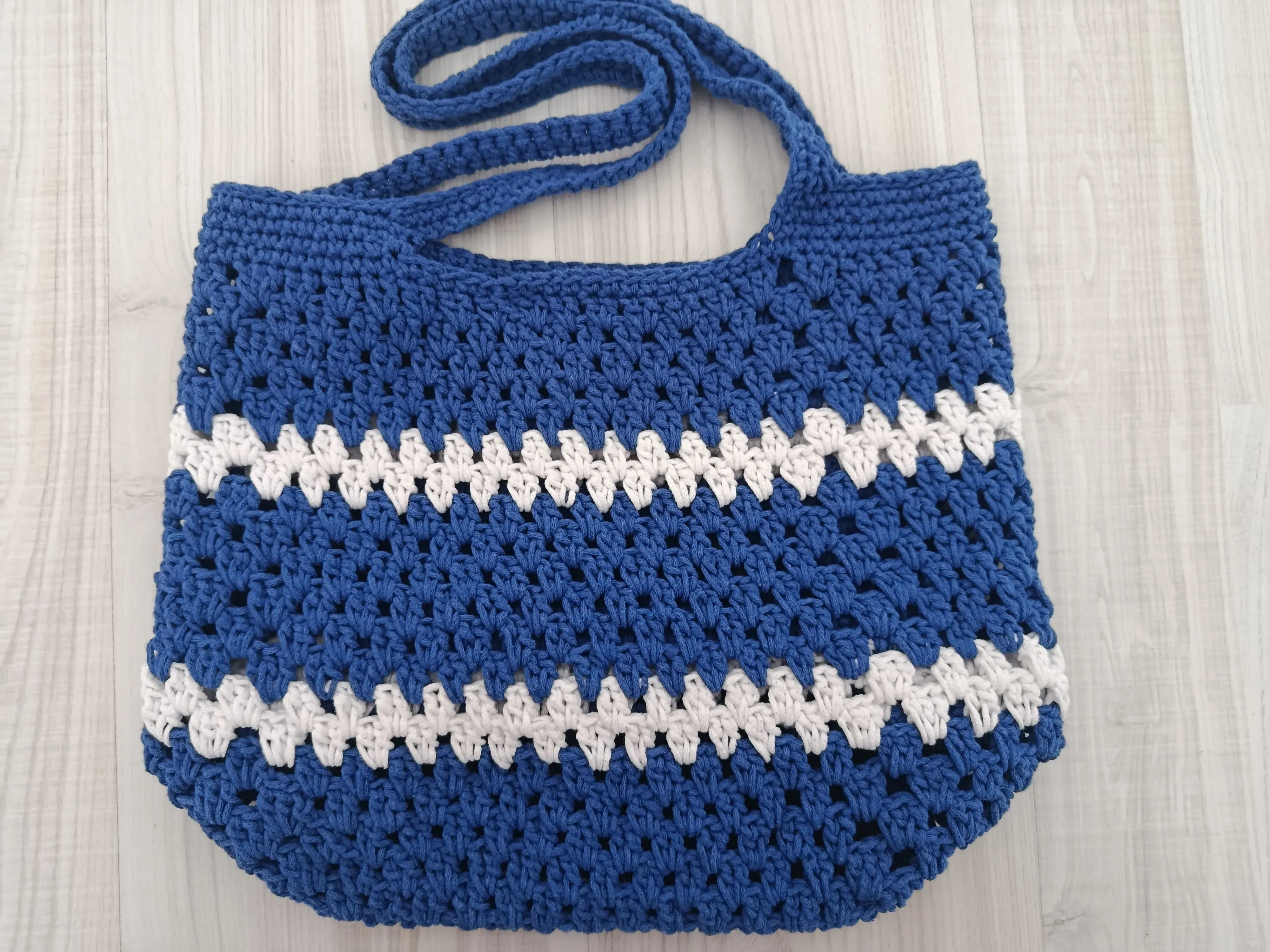 Blue and White Macrame Knitted Shoulder Bag - Handmade