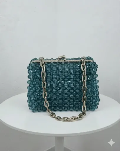 Turkuaz Şeffaf Kristal Boncuklu Zincir Askılı Çanta - El Yapımı