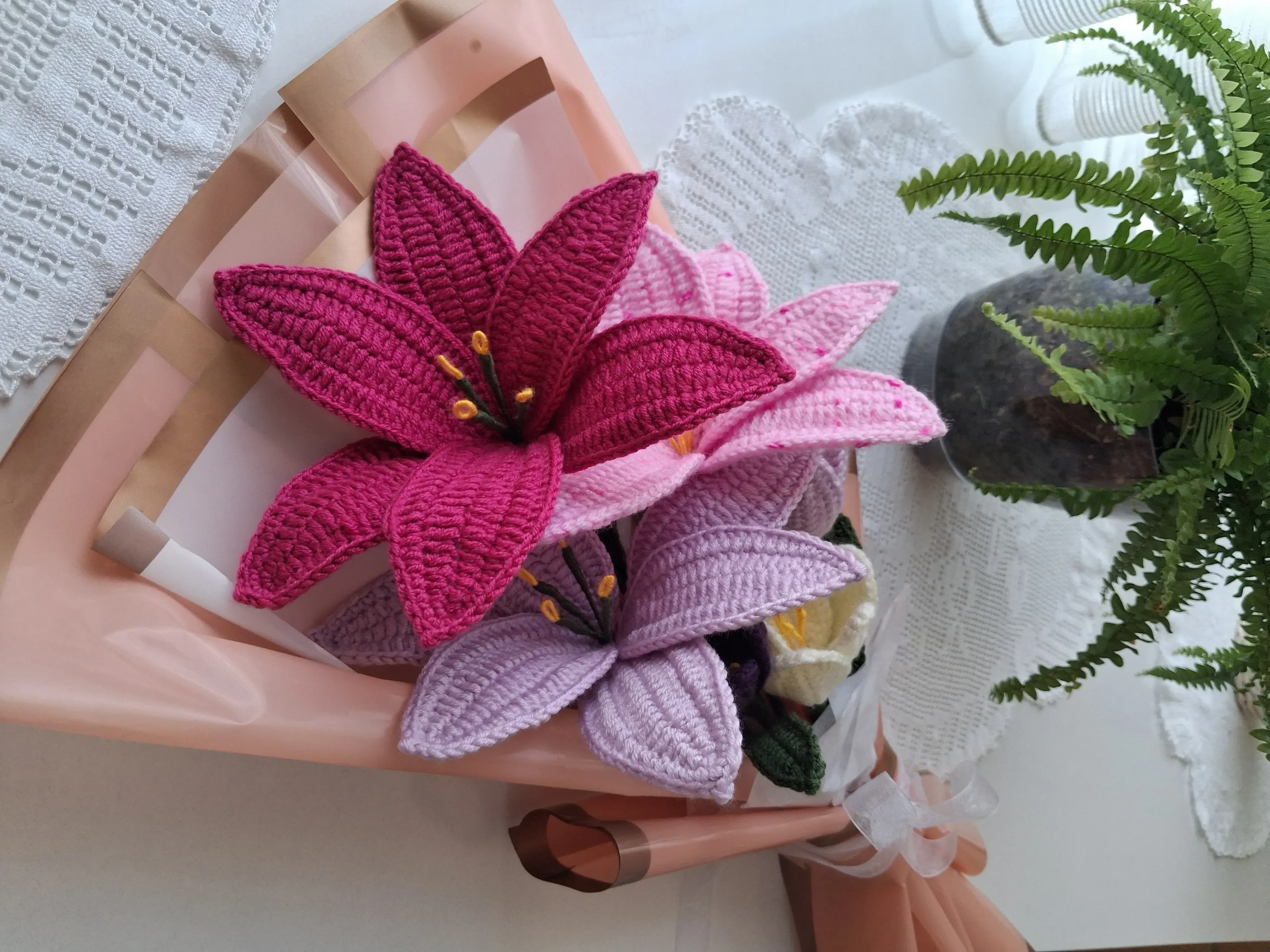 Knitted Lily and Tulip Flower Bouquet - Decorative Gift in Pink Tones