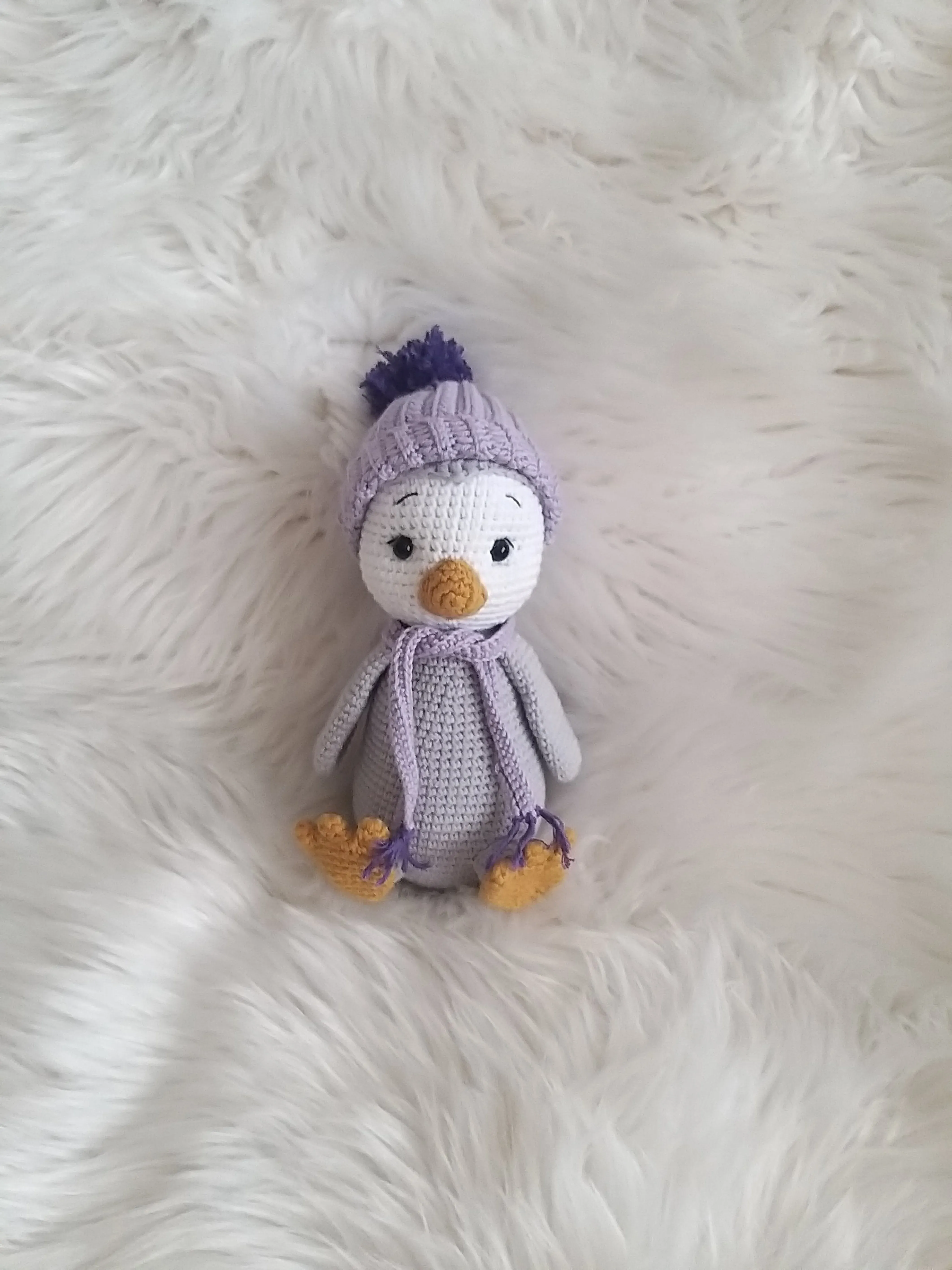 Örgü Penguen Oyuncak - Mor Şapkalı ve El Emeği Bebek Hediyesi