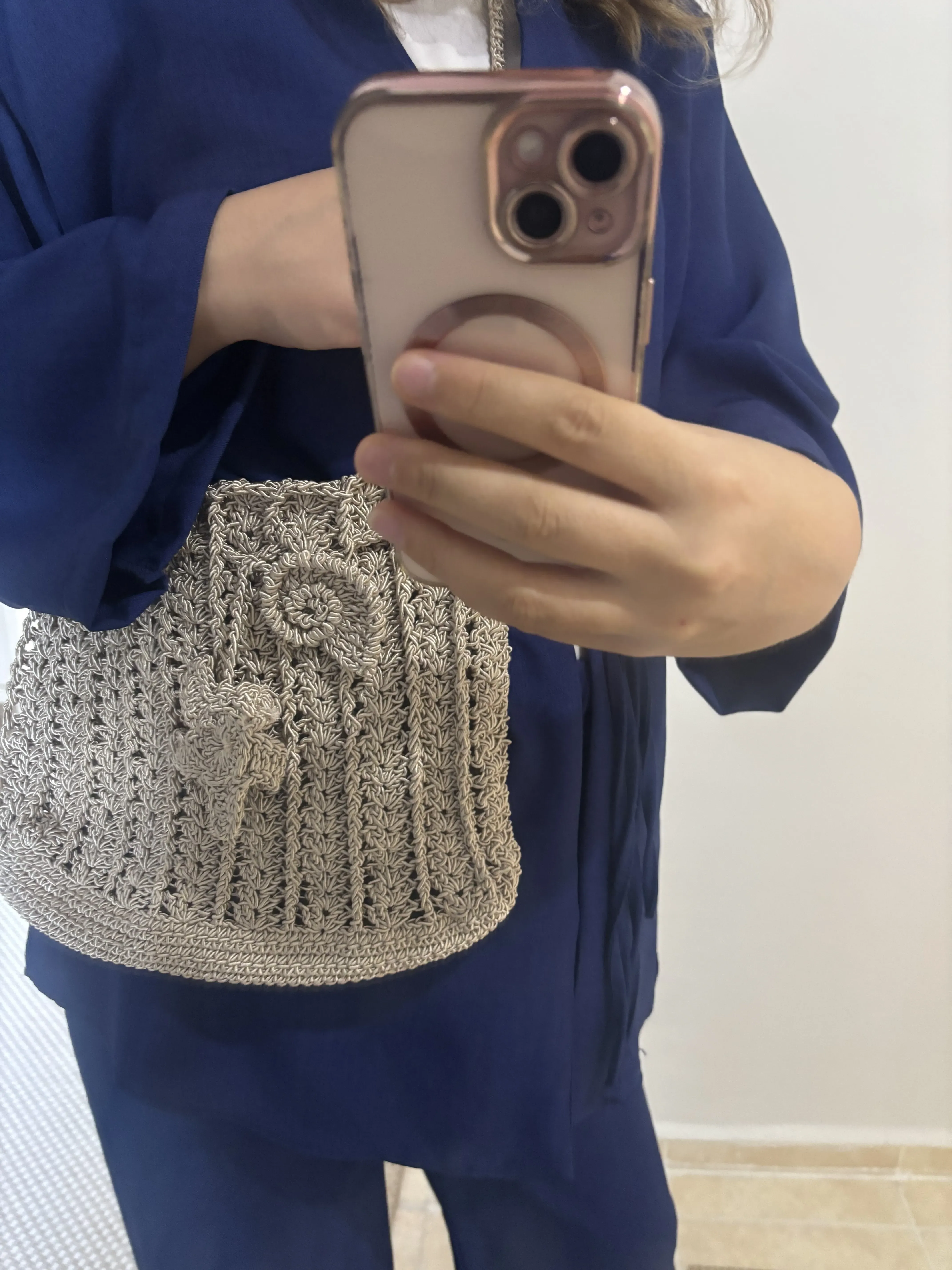 Hand Knitted Gray Bag with Flower Detail