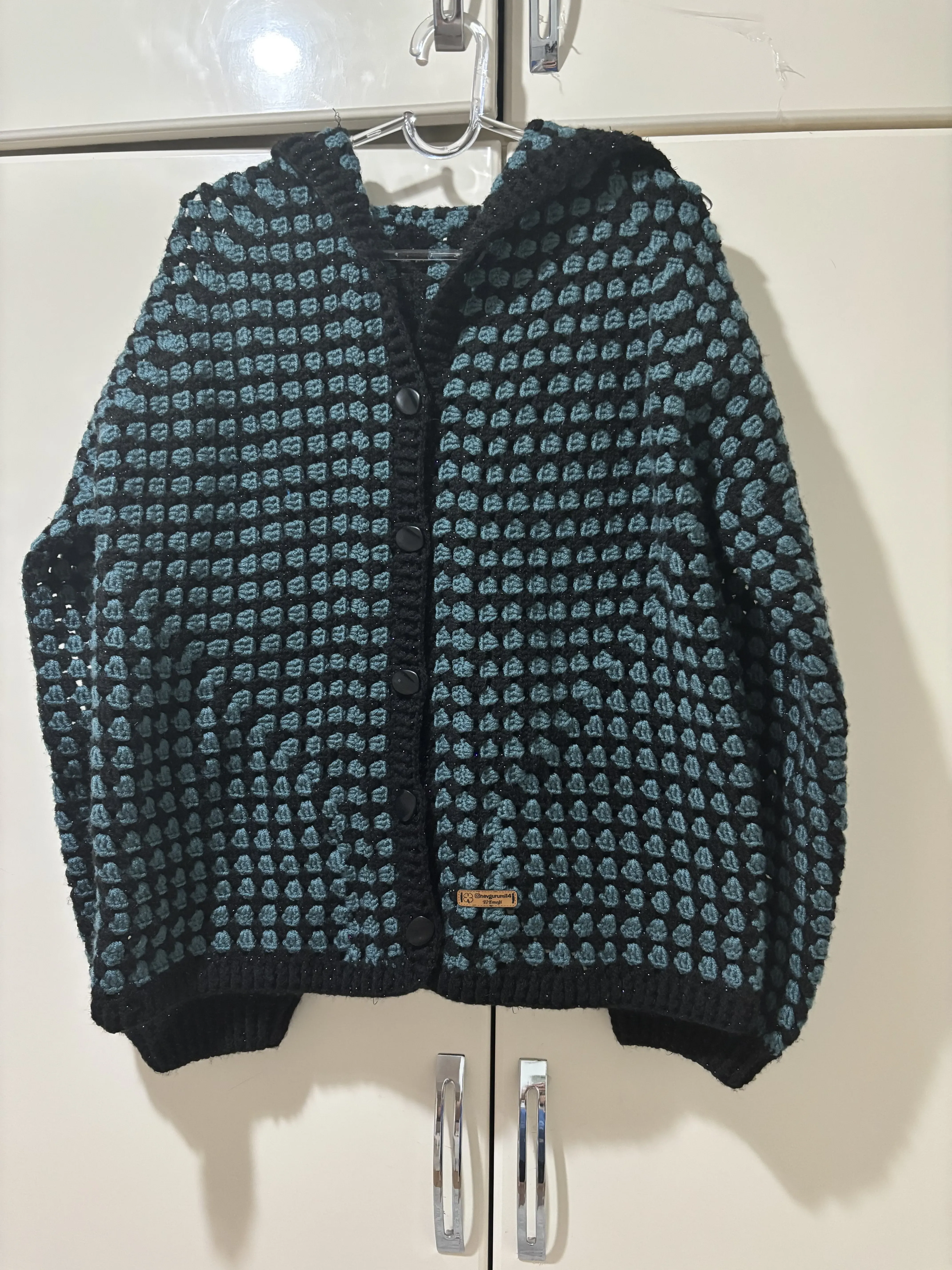 Green and Black Colored Hand Knitted Hooded Cardigan Wool Sweater