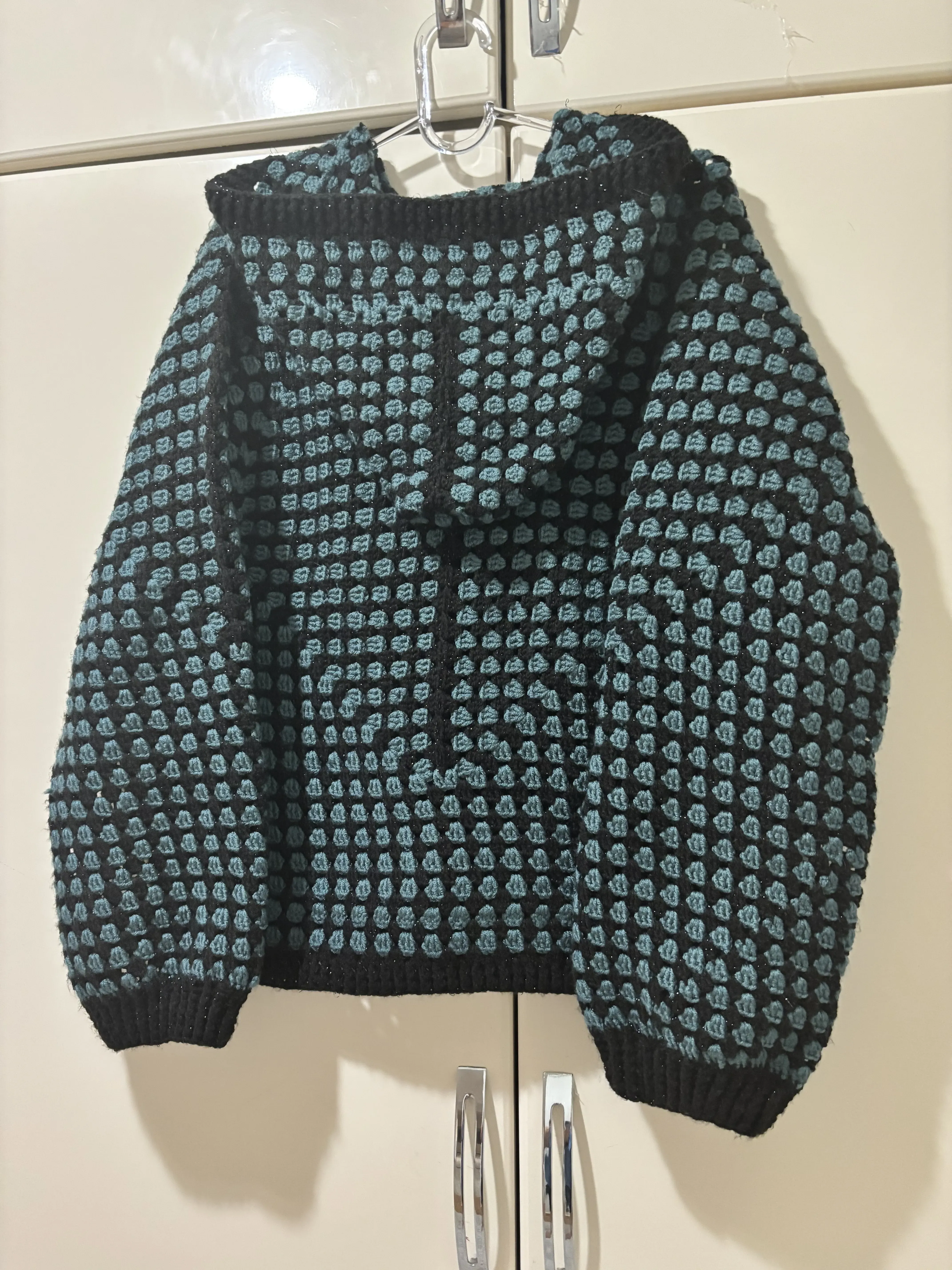 Green and Black Colored Hand Knitted Hooded Cardigan Wool Sweater