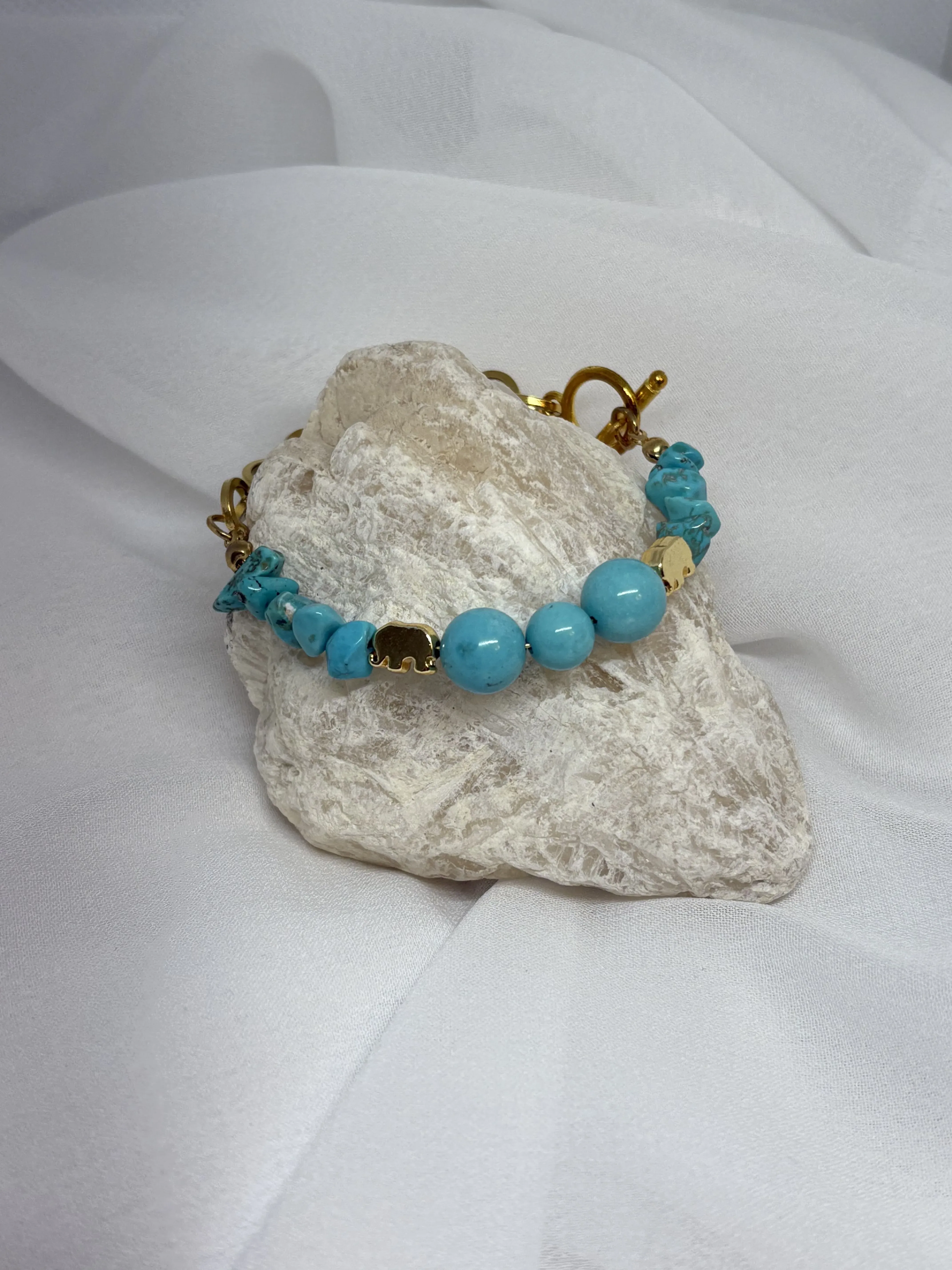 Turkuaz (Firuze) Taşlı Gold Detaylı Bileklik - Doğal Taş Şifa