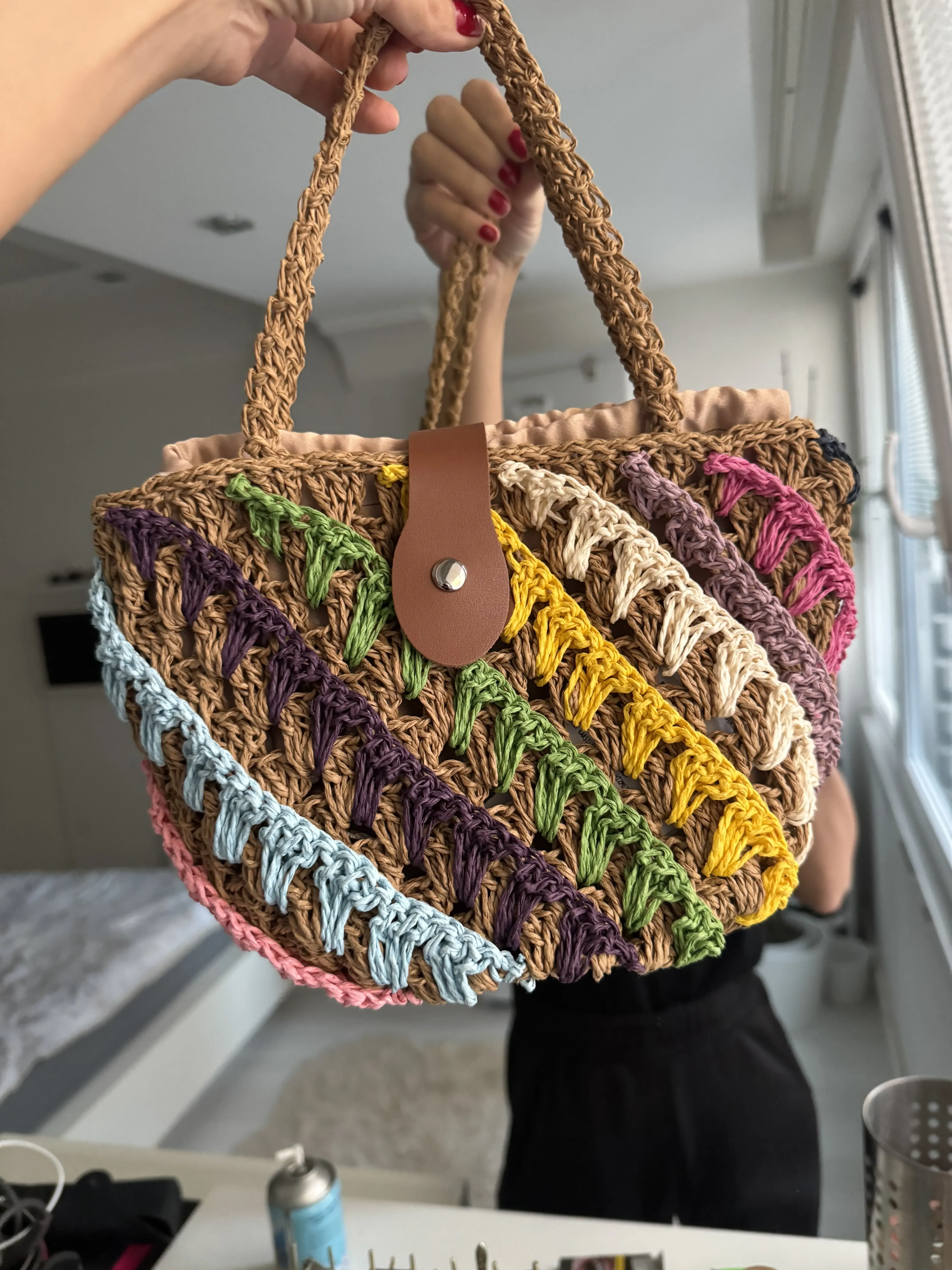 Çok Renkli Kağıt İp Örgü Omuz Çantası - El Yapımı