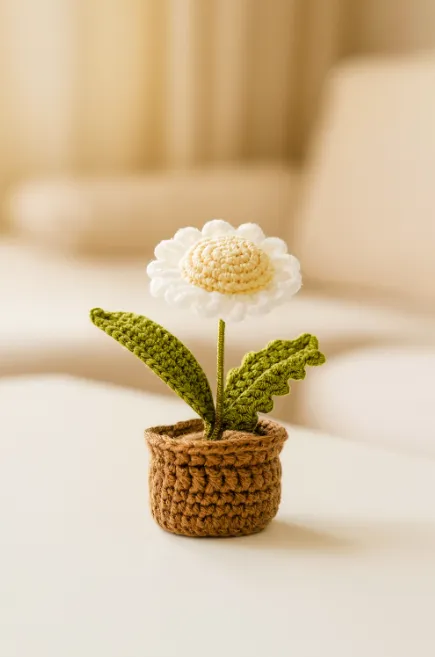 Örgü Papatya Çiçek Saksısı - Dekoratif El Yapımı Orta Boy