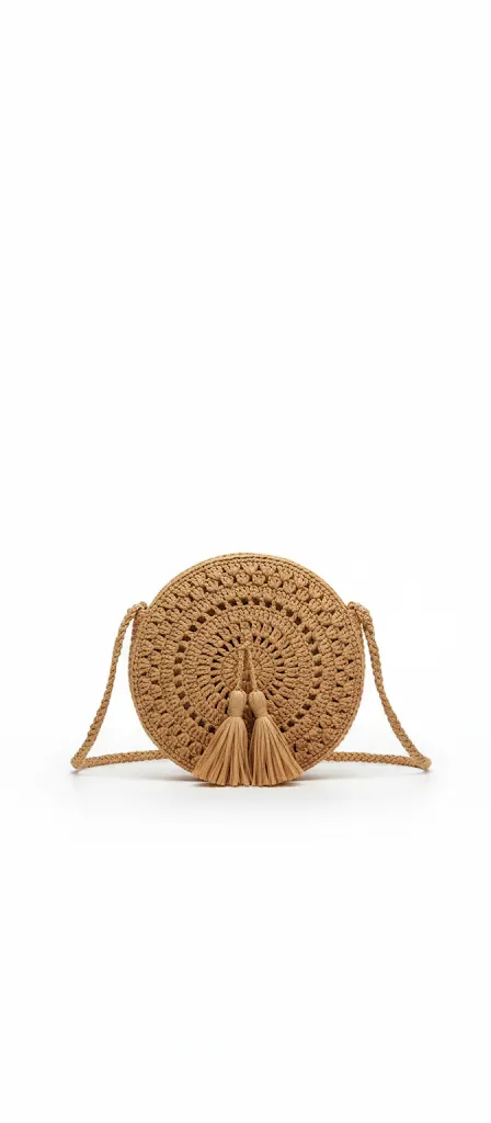 Kahverengi Yuvarlak Rafya Omuz Çantası - Tassel Detaylı El Yapımı