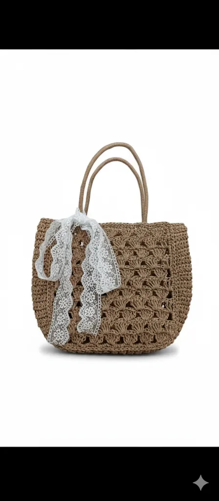 Brown Paper Rope Knitted Bag - Stylish and Elegant Model with Ribbon Detail