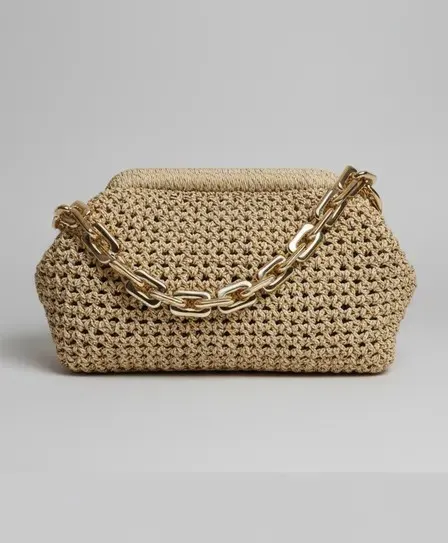 Vizon Rengi Hasır Örgü Omuz Çantası - Zincir ve İnci Detaylı
