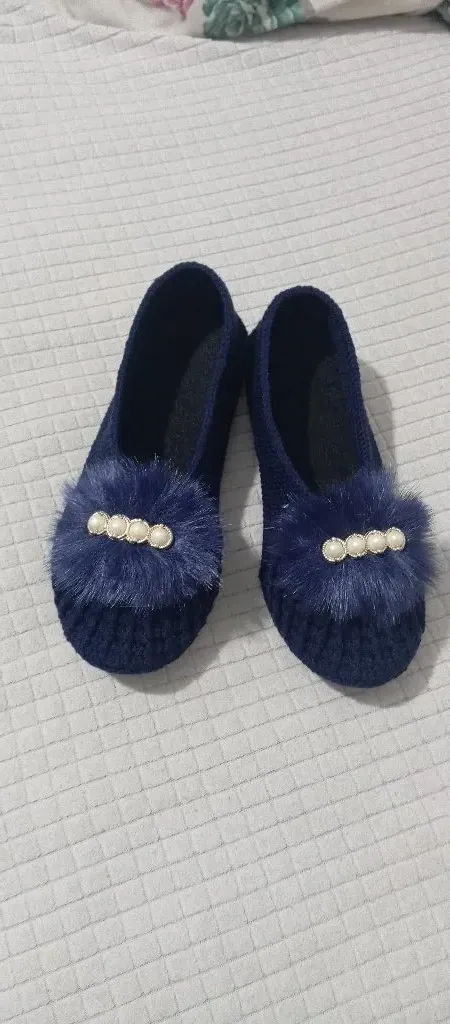 Lacivert Örgü Babet Ev Terliği - İnci Detaylı, 37-38 Numara