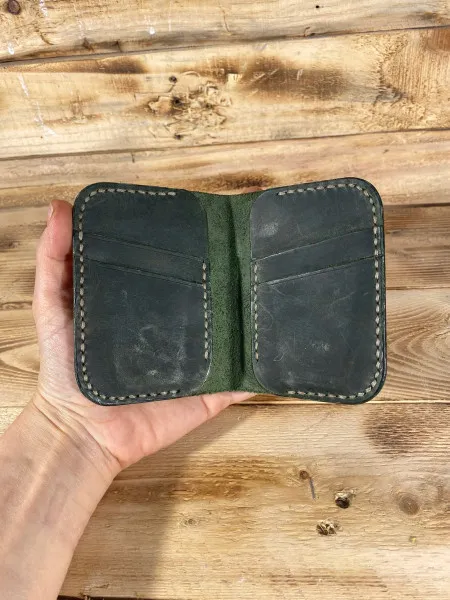 El Yapımı Hakiki Deri Yeşil Kartlık Cüzdan