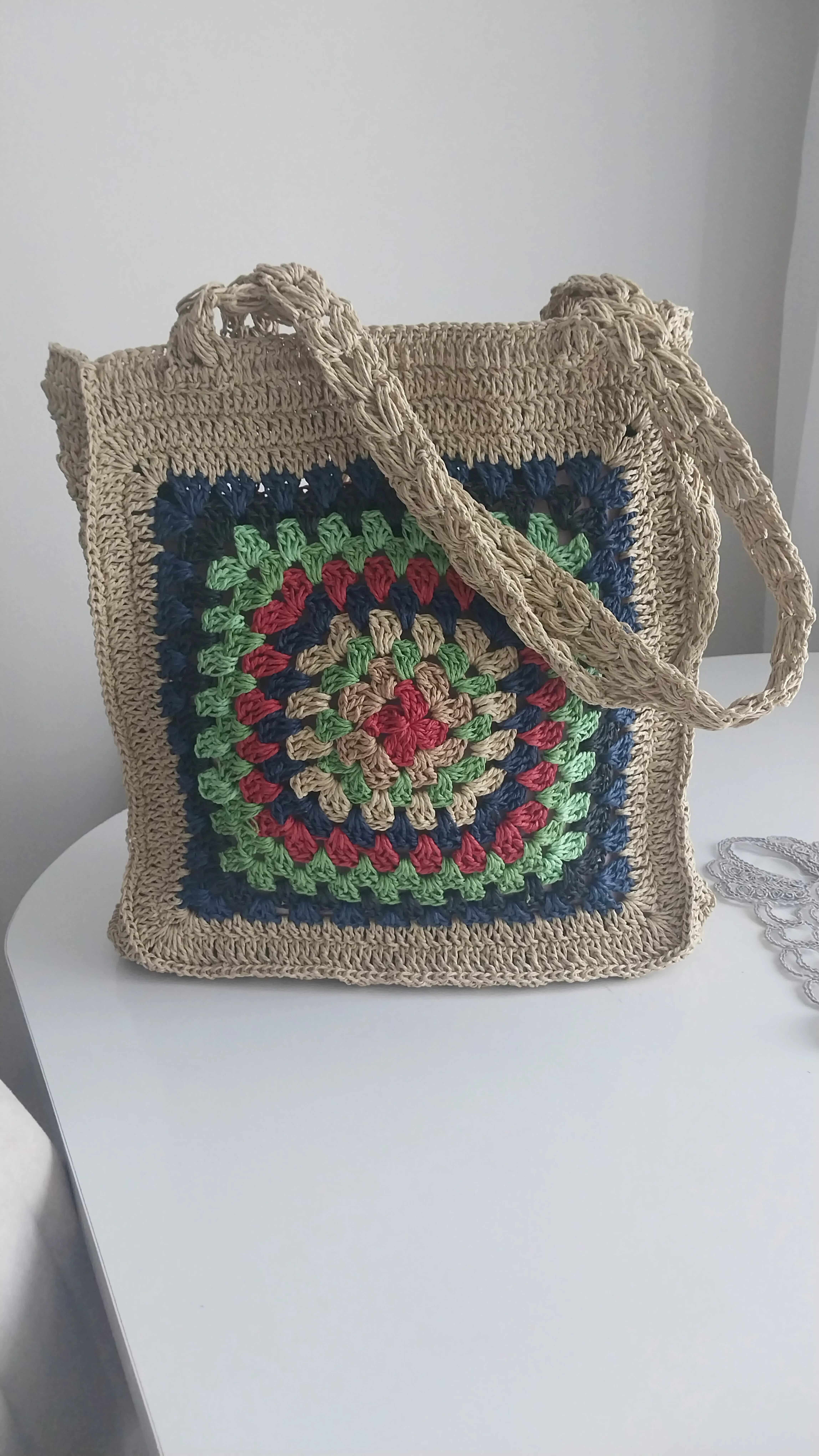 Knitted Paper Rope Bag - Colorful Motifs, Snap Fastener, Handmade
