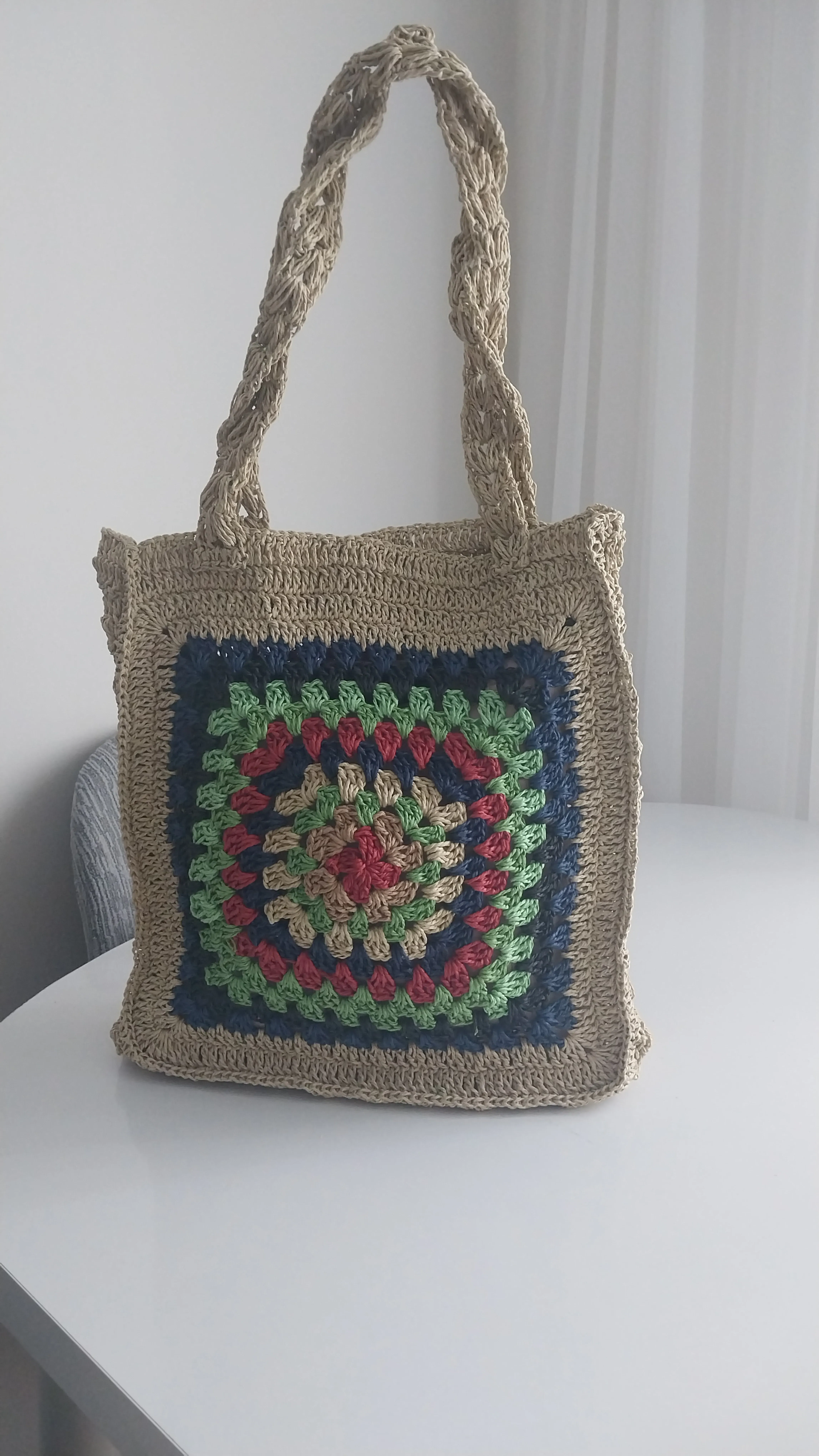 Knitted Paper Rope Bag - Colorful Motifs, Snap Fastener, Handmade
