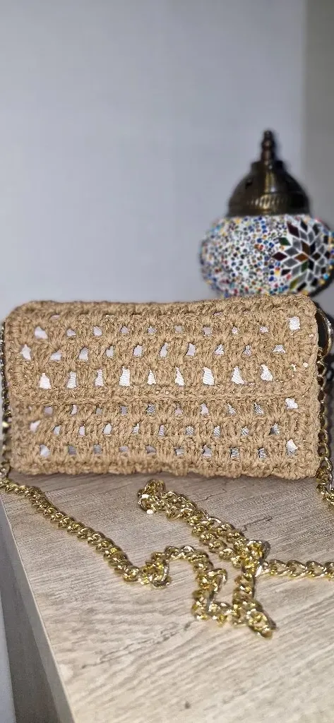 Jüt Örgü Portföy Çanta - Gold Zincir Askılı, Astarlı, El Yapımı