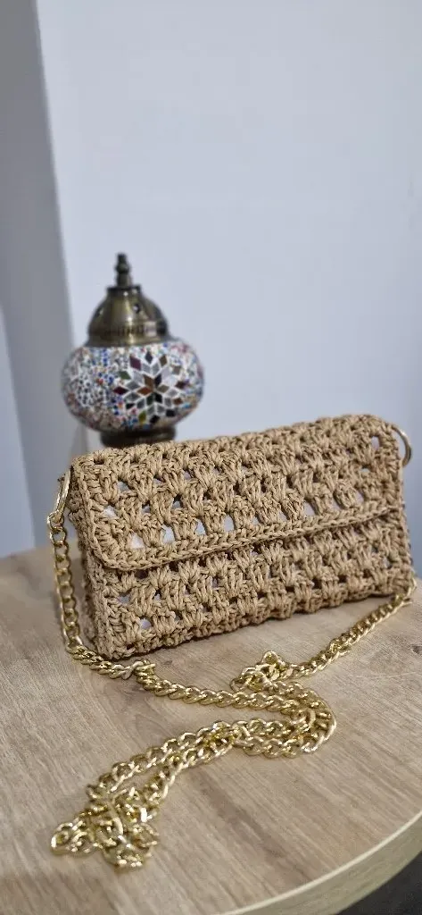Jüt Örgü Portföy Çanta - Gold Zincir Askılı, Astarlı, El Yapımı