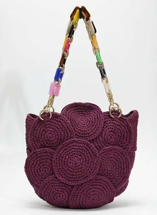 El Yapımı Tığ İşi Çiçekli Çanta: Bordo Kağıt İplikli Boho Tote