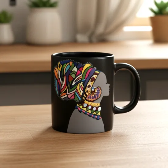 El Yapımı Siyah Seramik Kupa - Polimer Kil Renkli Afrika Kadın