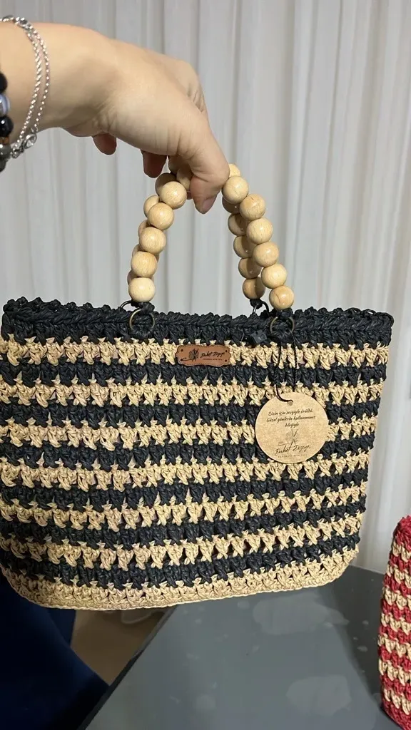 Siyah ve Bej Çizgili Hasır Kol Çantası Ahşap Saplı - El Emeği