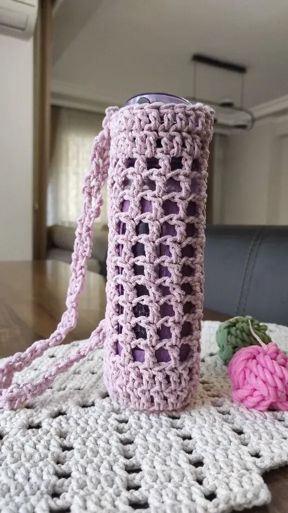 Lila Örgü Matara Kılıfı - Termos Taşıma Askılıklı ve Kişiye Özel