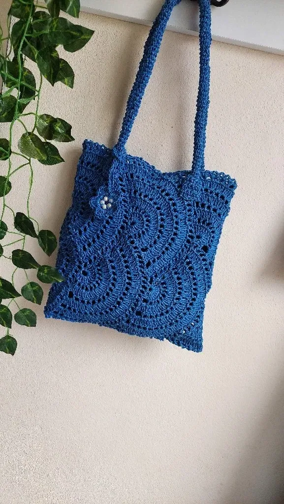 Mavi Örgü Omuz Çantası - Çıtçıtlı ve Desenli - El Emeği