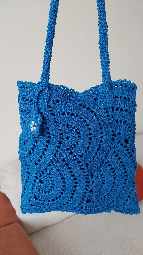 Mavi Örgü Omuz Çantası - Çıtçıtlı ve Desenli - El Emeği