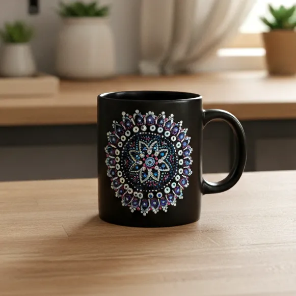 Siyah Seramik Kupa - Polimer Kil Mandala Desenli Tasarım
