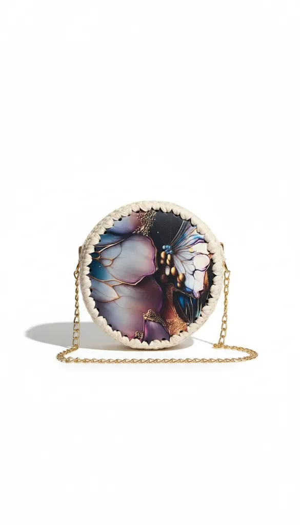 Krem Renkli Plak Üzerine Çiçek Desenli Gold Zincirli Çanta