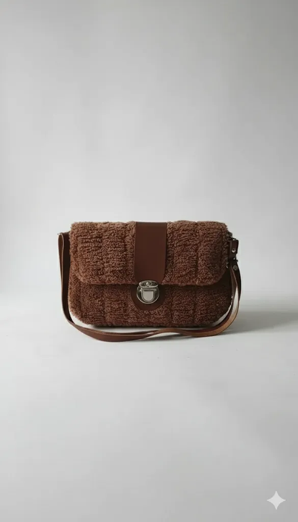 Kahverengi El Örgüsü Peluş Omuz Çantası - Deri Detaylı Şık Tasarım