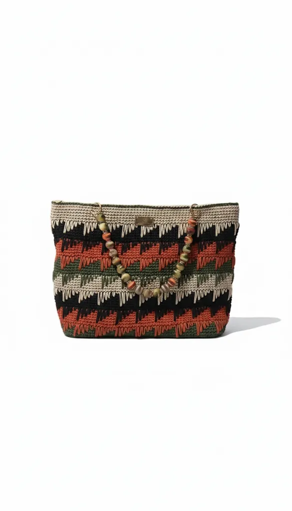 Multi-Colored Knitted Shoulder Bag - Beaded and Handmade
