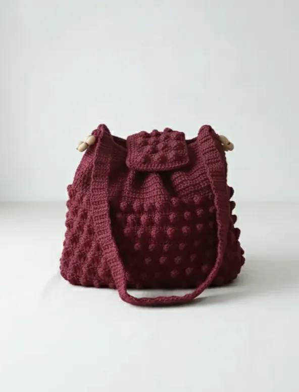 Bordo Ponponlu Makrome Örme Omuz Çantası - Yandan Büzgülü El Emeği