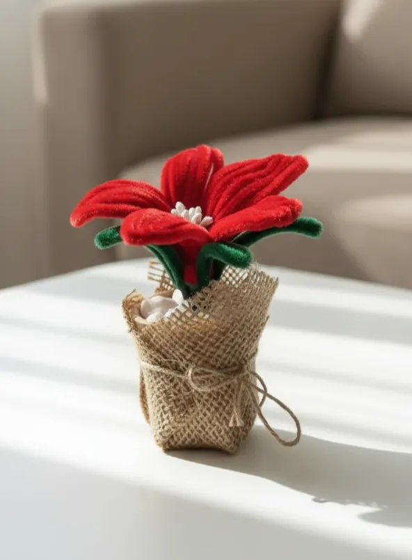Red Artificial Flower Arrangement in Jute Pot Rustic Decorative Flower