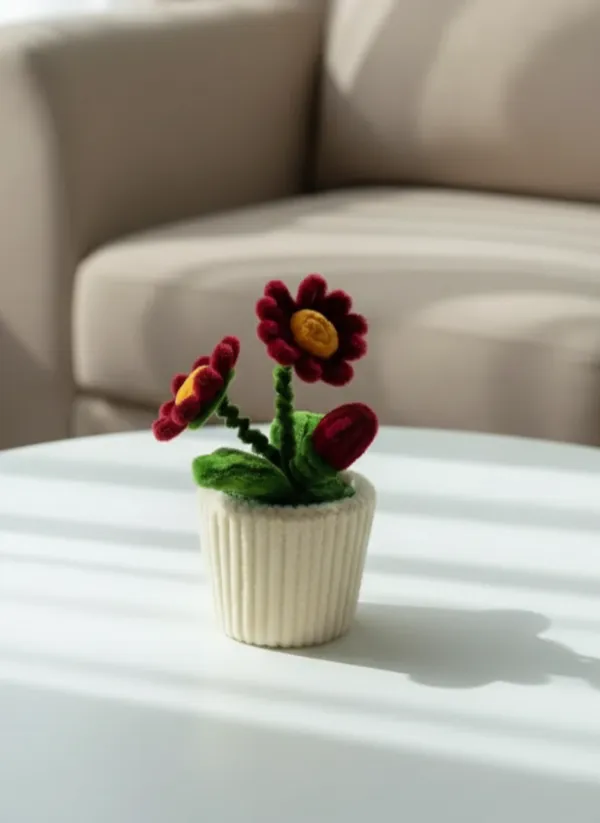 Şönil İpten El Yapımı Pıtırcık Saksı Çiçeği - Dekoratif Hediyelik