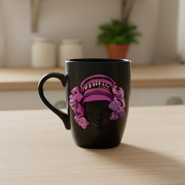 Siyah Seramik Kupa - Mor Türbanlı Polimer Kil Arap Kız