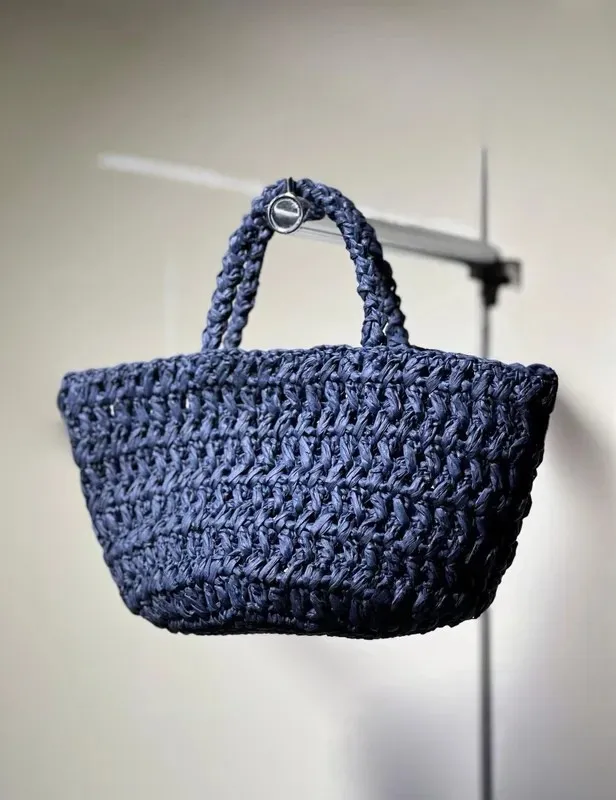 Lacivert Renkli İthal Rafya İplikle Örülmüş El Yapımı Çanta