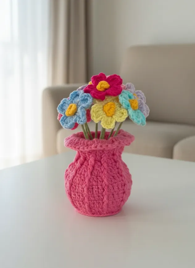 Pembe Örgü Vazoda Renkli Kır Çiçekleri - El Emeği Dekoratif Obje