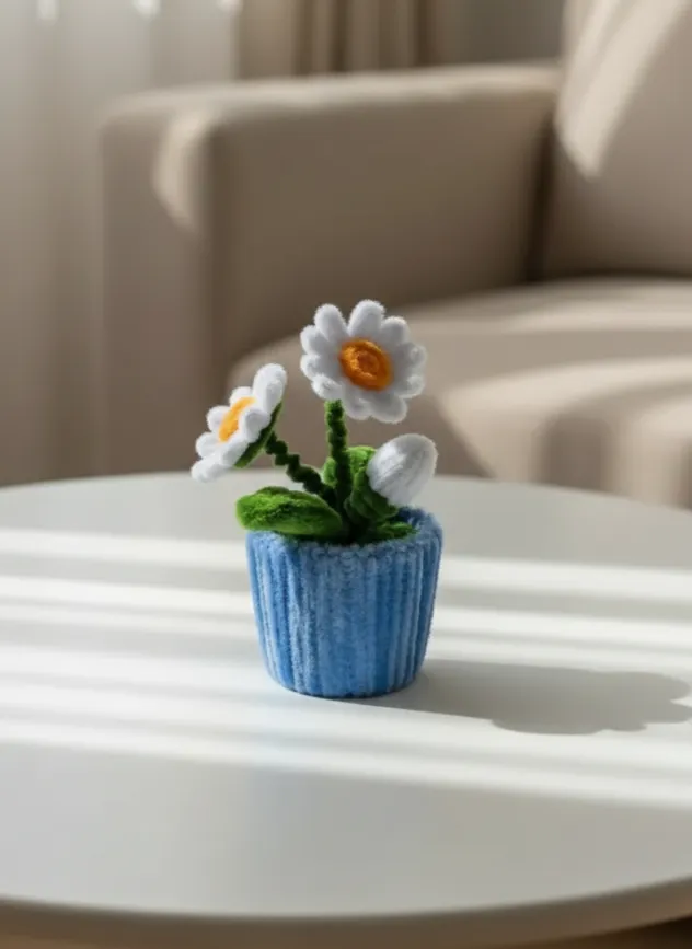 Şönil Papatya Buketi - Mavi Pıtırcık Saksıda El Emeği Çiçek