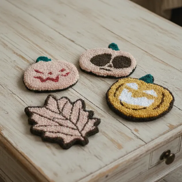 Halloween Temalı Punch Nakışı Bardak Altlığı Seti (4 Adet)