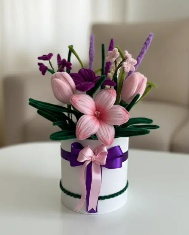 Mor ve Pembe Renkli Yapay Çiçek Aranjmanı Hediye Kutusu