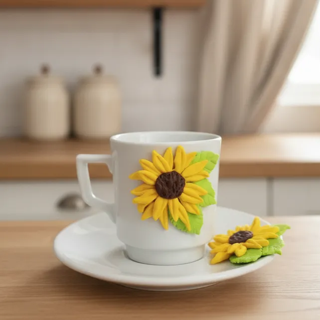 El Yapımı Ayçiçeği Desenli Polimer Kil Kahve Fincanı & Hediyelik Fincan