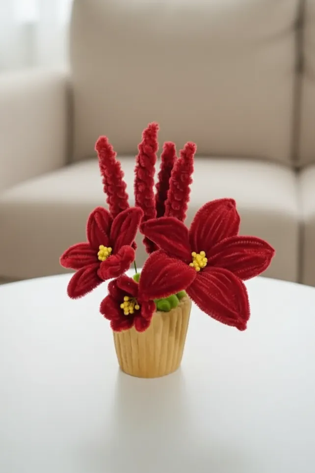 Bordo Şönil Çiçeği Kadife Alev Saksıda - Dekoratif El Emeği