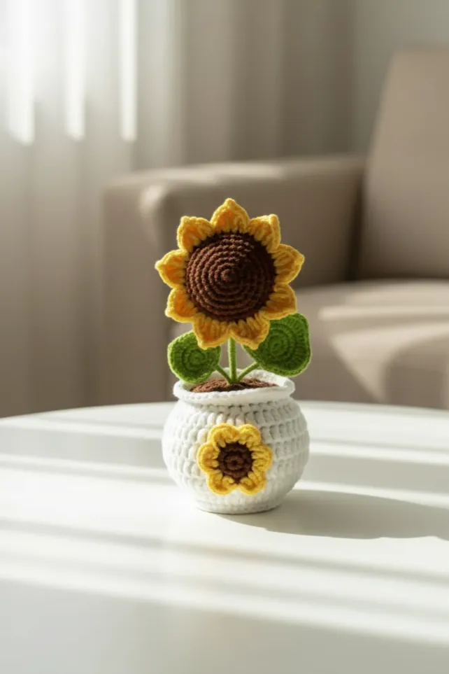 Örgü Ayçiçeği ve Beyaz Saksı - Dekoratif El Yapımı Hediyelik