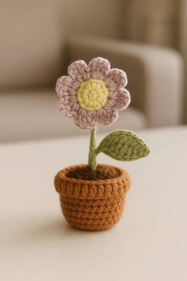 Saksıda El Örgüsü Soluk Lila Renkli Çiçek Dekoratif Obje (8-10cm)