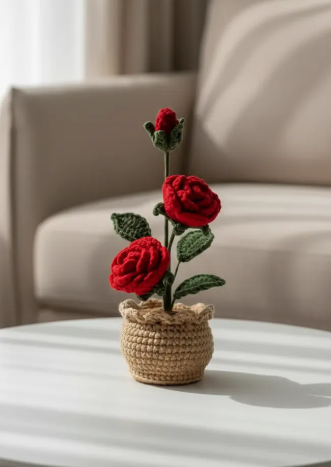 Örgü Kırmızı Gül Çiçek Aranjmanı - Küçük Saksıda El Emeği
