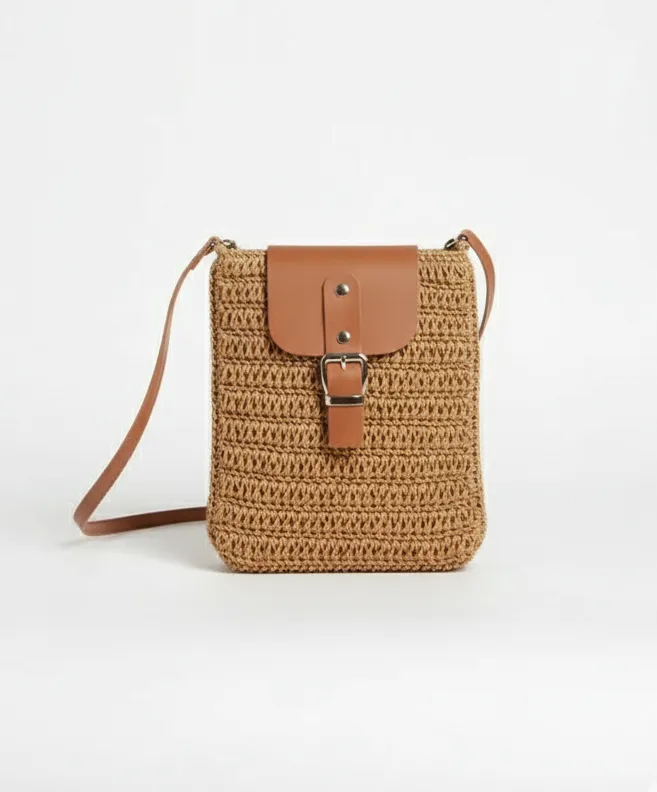 Hasır Örgü Telefon Çantası - Kahverengi Deri Detaylı Omuz Çantası
