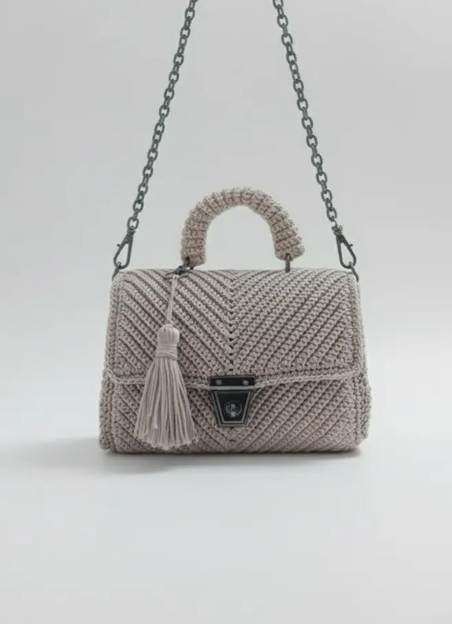 Bej Renkli Makrome Örgü Zincir Askılı Omuz Çantası - El Emeği